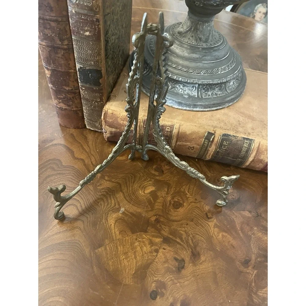 Vtg Lg Ornate Brass Scroll Folding Easel Plate Picture Art Stand 8